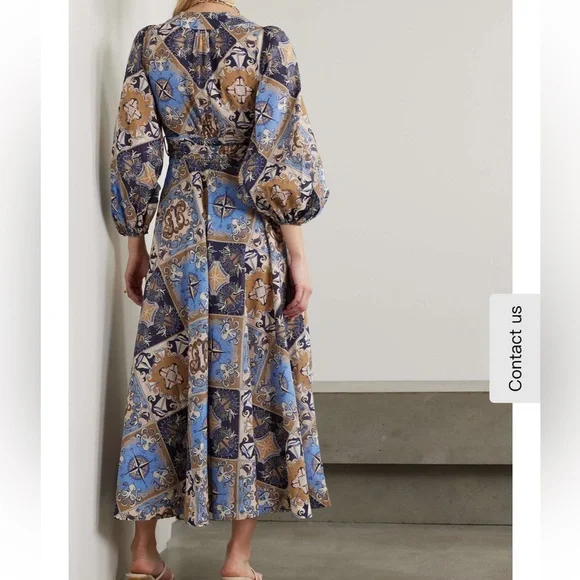 Zimmermann Patchwork Sailor Print Blue and Tan Long Sleeve Wrap Dress